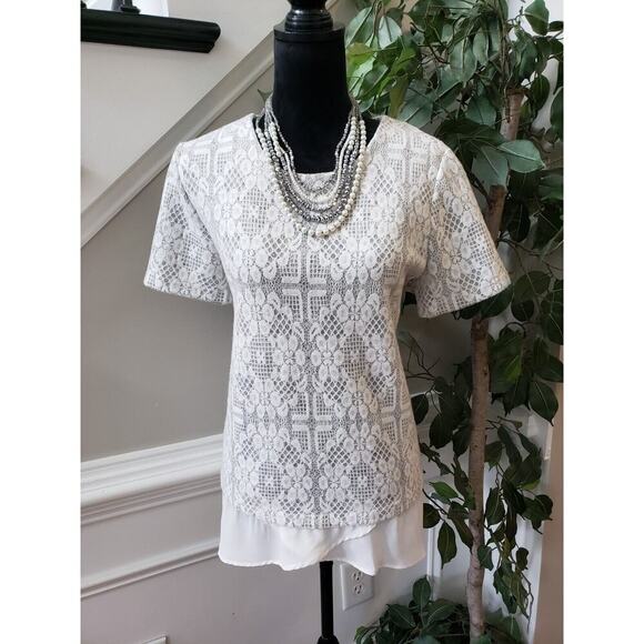 Anthropologie Pleione White Floral Nylon Round Neck Short Sleeve Blouse Large - Picture 1 of 12